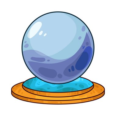 Süslü bir ahşap veya pirinç tezgahın üzerine mükemmel yuvarlak, berrak bir kristal küre. Top ortam ışığını yakalar, ince yansımalar yaratır ve içinde parlar. Kristalin içinde, sisli ya da sihirli bir girdap, gizemli bir hava ekler..