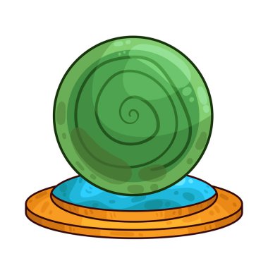 Süslü bir ahşap veya pirinç tezgahın üzerine mükemmel yuvarlak, berrak bir kristal küre. Top ortam ışığını yakalar, ince yansımalar yaratır ve içinde parlar. Kristalin içinde, sisli ya da sihirli bir girdap, gizemli bir hava ekler..