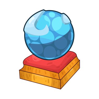 Süslü bir ahşap veya pirinç tezgahın üzerine mükemmel yuvarlak, berrak bir kristal küre. Top ortam ışığını yakalar, ince yansımalar yaratır ve içinde parlar. Kristalin içinde, sisli ya da sihirli bir girdap, gizemli bir hava ekler..