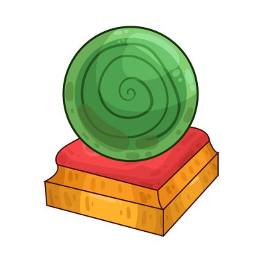 Süslü bir ahşap veya pirinç tezgahın üzerine mükemmel yuvarlak, berrak bir kristal küre. Top ortam ışığını yakalar, ince yansımalar yaratır ve içinde parlar. Kristalin içinde, sisli ya da sihirli bir girdap, gizemli bir hava ekler..