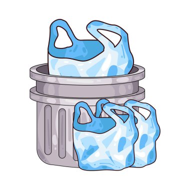 Bir çöp kutusu ya açık ya da kapalı, içinde ya taşan ya da yanına yerleştirilen birkaç plastik torba ile gösterilir. Poşetler bağlanmış ya da gevşemiş olabilir, çoğu zaman çeşitli atık eşyalarla dolu. Sahnede atık yönetimi ve ev temizliği vurgulanıyor.