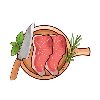 Kırsal ahşap bir kesme tahtasının üzerinde dinlenen bir parça et, doğal dokuyu ve mutfak hazırlığını vurguluyor. Etin yanında dilimlenmek üzere yerleştirilmiş bir bıçak var. Tahtanın etrafına taze bitkiler dizilir, renk katar ve biraz aroma eklenir..