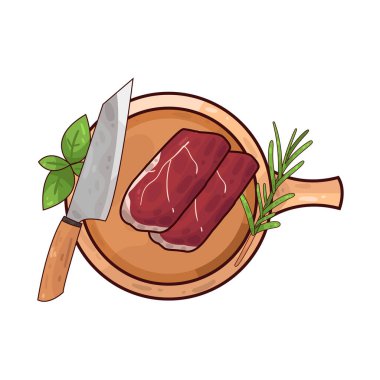 Kırsal ahşap bir kesme tahtasının üzerinde dinlenen bir parça et, doğal dokuyu ve mutfak hazırlığını vurguluyor. Etin yanında dilimlenmek üzere yerleştirilmiş bir bıçak var. Tahtanın etrafına taze bitkiler dizilir, renk katar ve biraz aroma eklenir..