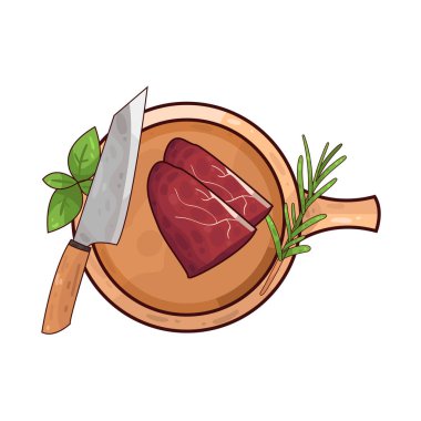 Kırsal ahşap bir kesme tahtasının üzerinde dinlenen bir parça et, doğal dokuyu ve mutfak hazırlığını vurguluyor. Etin yanında dilimlenmek üzere yerleştirilmiş bir bıçak var. Tahtanın etrafına taze bitkiler dizilir, renk katar ve biraz aroma eklenir..