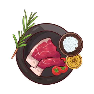 Tabakta servis edilen et, ustalıkla sunulan süslemelerle dolu. Çevrelerinde taze otlar, dilimlenmiş sebzeler vardır. Tabak temiz ve kasıtlı. İyi hazırlanmış, tatmin edici bir yemek..