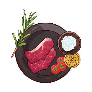 Tabakta servis edilen et, ustalıkla sunulan süslemelerle dolu. Çevrelerinde taze otlar, dilimlenmiş sebzeler vardır. Tabak temiz ve kasıtlı. İyi hazırlanmış, tatmin edici bir yemek..