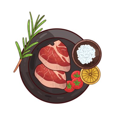 Tabakta servis edilen et, ustalıkla sunulan süslemelerle dolu. Çevrelerinde taze otlar, dilimlenmiş sebzeler vardır. Tabak temiz ve kasıtlı. İyi hazırlanmış, tatmin edici bir yemek..