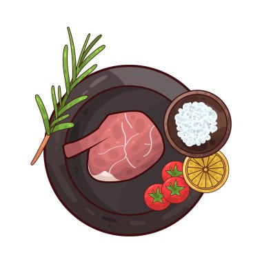 Tabakta servis edilen et, ustalıkla sunulan süslemelerle dolu. Çevrelerinde taze otlar, dilimlenmiş sebzeler vardır. Tabak temiz ve kasıtlı. İyi hazırlanmış, tatmin edici bir yemek..