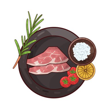 Tabakta servis edilen et, ustalıkla sunulan süslemelerle dolu. Çevrelerinde taze otlar, dilimlenmiş sebzeler vardır. Tabak temiz ve kasıtlı. İyi hazırlanmış, tatmin edici bir yemek..