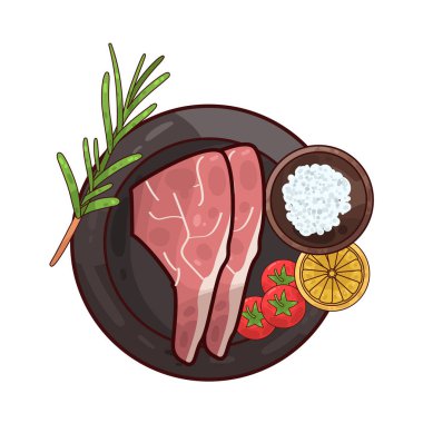 Tabakta servis edilen et, ustalıkla sunulan süslemelerle dolu. Çevrelerinde taze otlar, dilimlenmiş sebzeler vardır. Tabak temiz ve kasıtlı. İyi hazırlanmış, tatmin edici bir yemek..