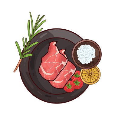 Tabakta servis edilen et, ustalıkla sunulan süslemelerle dolu. Çevrelerinde taze otlar, dilimlenmiş sebzeler vardır. Tabak temiz ve kasıtlı. İyi hazırlanmış, tatmin edici bir yemek..