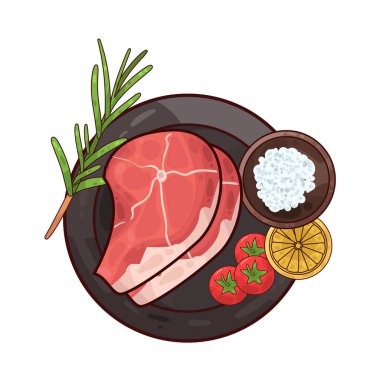 Tabakta servis edilen et, ustalıkla sunulan süslemelerle dolu. Çevrelerinde taze otlar, dilimlenmiş sebzeler vardır. Tabak temiz ve kasıtlı. İyi hazırlanmış, tatmin edici bir yemek..