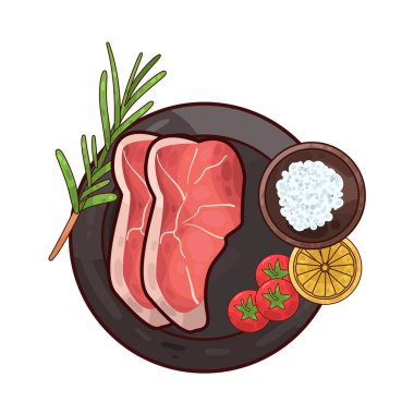 Tabakta servis edilen et, ustalıkla sunulan süslemelerle dolu. Çevrelerinde taze otlar, dilimlenmiş sebzeler vardır. Tabak temiz ve kasıtlı. İyi hazırlanmış, tatmin edici bir yemek..