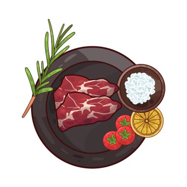 Tabakta servis edilen et, ustalıkla sunulan süslemelerle dolu. Çevrelerinde taze otlar, dilimlenmiş sebzeler vardır. Tabak temiz ve kasıtlı. İyi hazırlanmış, tatmin edici bir yemek..