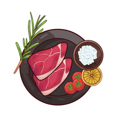 Tabakta servis edilen et, ustalıkla sunulan süslemelerle dolu. Çevrelerinde taze otlar, dilimlenmiş sebzeler vardır. Tabak temiz ve kasıtlı. İyi hazırlanmış, tatmin edici bir yemek..