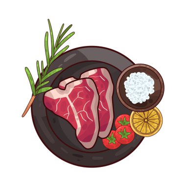 Tabakta servis edilen et, ustalıkla sunulan süslemelerle dolu. Çevrelerinde taze otlar, dilimlenmiş sebzeler vardır. Tabak temiz ve kasıtlı. İyi hazırlanmış, tatmin edici bir yemek..