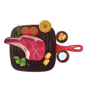 Izgara tepsisine konmuş, pişirilmeye hazır bir et parçası. Etin etrafında, biberiye, domates, limon ve belki de küçük bir kase baharat ya da terbiye edilmiş salamura gibi tat ve sunumu artıran çeşitli eşlikçiler bulunur.. 