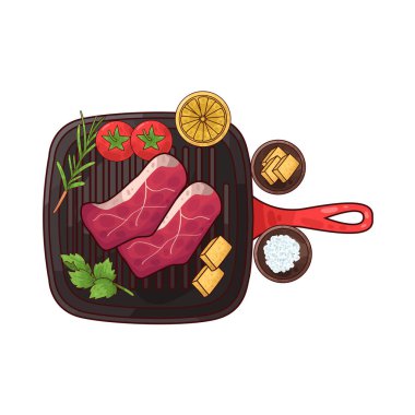 Izgara tepsisine konmuş, pişirilmeye hazır bir et parçası. Etin etrafında, biberiye, domates, limon ve belki de küçük bir kase baharat ya da terbiye edilmiş salamura gibi tat ve sunumu artıran çeşitli eşlikçiler bulunur.. 