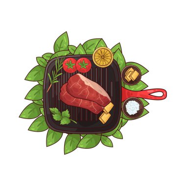 Izgara tepsisine konmuş, pişirilmeye hazır bir et parçası. Etin etrafında, biberiye, domates, limon ve belki de küçük bir kase baharat ya da terbiye edilmiş salamura gibi tat ve sunumu artıran çeşitli eşlikçiler bulunur.. 