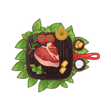 Izgara tepsisine konmuş, pişirilmeye hazır bir et parçası. Etin etrafında, biberiye, domates, limon ve belki de küçük bir kase baharat ya da terbiye edilmiş salamura gibi tat ve sunumu artıran çeşitli eşlikçiler bulunur.. 