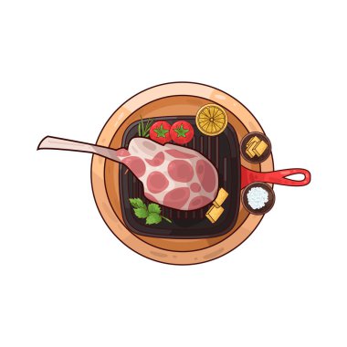 Izgara tepsisine konmuş, pişirilmeye hazır bir et parçası. Etin etrafında, biberiye, domates, limon ve belki de küçük bir kase baharat ya da terbiye edilmiş salamura gibi tat ve sunumu artıran çeşitli eşlikçiler bulunur.. 