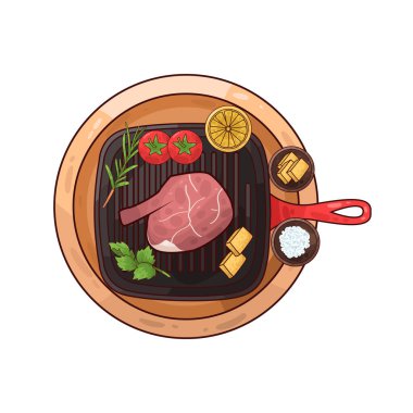 Izgara tepsisine konmuş, pişirilmeye hazır bir et parçası. Etin etrafında, biberiye, domates, limon ve belki de küçük bir kase baharat ya da terbiye edilmiş salamura gibi tat ve sunumu artıran çeşitli eşlikçiler bulunur.. 