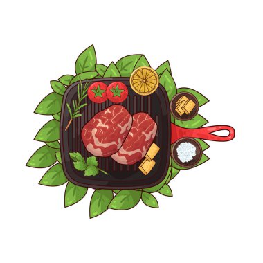 Izgara tepsisine konmuş, pişirilmeye hazır bir et parçası. Etin etrafında, biberiye, domates, limon ve belki de küçük bir kase baharat ya da terbiye edilmiş salamura gibi tat ve sunumu artıran çeşitli eşlikçiler bulunur.. 