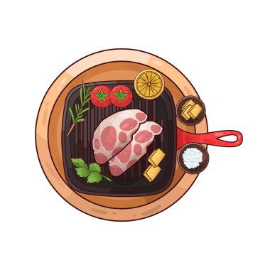 Izgara tepsisine konmuş, pişirilmeye hazır bir et parçası. Etin etrafında, biberiye, domates, limon ve belki de küçük bir kase baharat ya da terbiye edilmiş salamura gibi tat ve sunumu artıran çeşitli eşlikçiler bulunur.. 