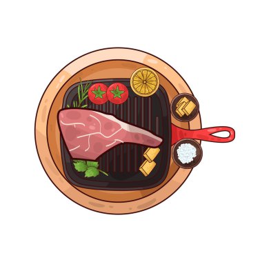 Izgara tepsisine konmuş, pişirilmeye hazır bir et parçası. Etin etrafında, biberiye, domates, limon ve belki de küçük bir kase baharat ya da terbiye edilmiş salamura gibi tat ve sunumu artıran çeşitli eşlikçiler bulunur.. 