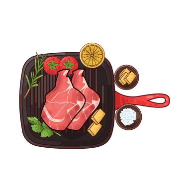Izgara tepsisine konmuş, pişirilmeye hazır bir et parçası. Etin etrafında, biberiye, domates, limon ve belki de küçük bir kase baharat ya da terbiye edilmiş salamura gibi tat ve sunumu artıran çeşitli eşlikçiler bulunur.. 