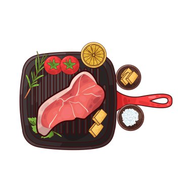 Izgara tepsisine konmuş, pişirilmeye hazır bir et parçası. Etin etrafında, biberiye, domates, limon ve belki de küçük bir kase baharat ya da terbiye edilmiş salamura gibi tat ve sunumu artıran çeşitli eşlikçiler bulunur.. 