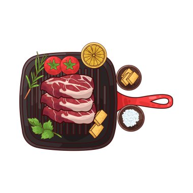 Izgara tepsisine konmuş, pişirilmeye hazır bir et parçası. Etin etrafında, biberiye, domates, limon ve belki de küçük bir kase baharat ya da terbiye edilmiş salamura gibi tat ve sunumu artıran çeşitli eşlikçiler bulunur.. 