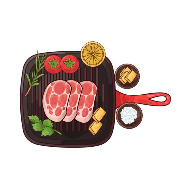 Izgara tepsisine konmuş, pişirilmeye hazır bir et parçası. Etin etrafında, biberiye, domates, limon ve belki de küçük bir kase baharat ya da terbiye edilmiş salamura gibi tat ve sunumu artıran çeşitli eşlikçiler bulunur.. 