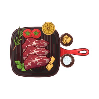 Izgara tepsisine konmuş, pişirilmeye hazır bir et parçası. Etin etrafında, biberiye, domates, limon ve belki de küçük bir kase baharat ya da terbiye edilmiş salamura gibi tat ve sunumu artıran çeşitli eşlikçiler bulunur.. 