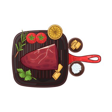 Izgara tepsisine konmuş, pişirilmeye hazır bir et parçası. Etin etrafında, biberiye, domates, limon ve belki de küçük bir kase baharat ya da terbiye edilmiş salamura gibi tat ve sunumu artıran çeşitli eşlikçiler bulunur.. 