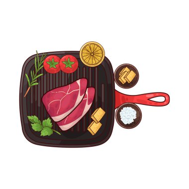 Izgara tepsisine konmuş, pişirilmeye hazır bir et parçası. Etin etrafında, biberiye, domates, limon ve belki de küçük bir kase baharat ya da terbiye edilmiş salamura gibi tat ve sunumu artıran çeşitli eşlikçiler bulunur.. 