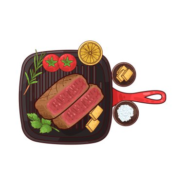 Cızırdayan pişmiş biftek, dökme demir bir ızgara tavada dinleniyor. Yüzeyi kömürleşmiş ızgara hatlarıyla işaretlenmiş. Bu da onun zengin ve karamelize olmuş dış görünüşünü güçlendiriyor. Bifteğin etrafında bir dizi leziz hayvan var..