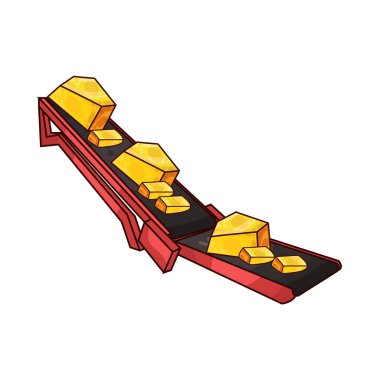 Parlak altın parçaları ya da külçeleri taşıyan, endüstriyel ölçekte madenciliği ya da işlemeyi sembolize eden mekanik bir taşıma sistemi. Altın, tepedeki ışığın altında parıldıyor, zengin sarı rengini metal veya lastik taşıyıcı bantlara vurguluyor.. 