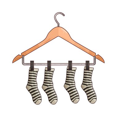 Kurutmak veya düzenlemek için sıklıkla kırpılmış ya da örtülmüş birkaç çorap askısına düzgünce asılmış. Çorapların renkleri, uzunluğu veya deseni değişebilir, çamaşırhaneye veya gardırop deposuna pratik ve düzenli bir yaklaşımı vurgular.