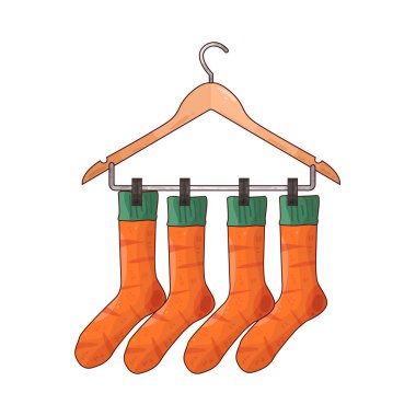 Kurutmak veya düzenlemek için sıklıkla kırpılmış ya da örtülmüş birkaç çorap askısına düzgünce asılmış. Çorapların renkleri, uzunluğu veya deseni değişebilir, çamaşırhaneye veya gardırop deposuna pratik ve düzenli bir yaklaşımı vurgular.