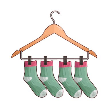 Kurutmak veya düzenlemek için sıklıkla kırpılmış ya da örtülmüş birkaç çorap askısına düzgünce asılmış. Çorapların renkleri, uzunluğu veya deseni değişebilir, çamaşırhaneye veya gardırop deposuna pratik ve düzenli bir yaklaşımı vurgular.