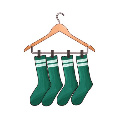 Kurutmak veya düzenlemek için sıklıkla kırpılmış ya da örtülmüş birkaç çorap askısına düzgünce asılmış. Çorapların renkleri, uzunluğu veya deseni değişebilir, çamaşırhaneye veya gardırop deposuna pratik ve düzenli bir yaklaşımı vurgular.