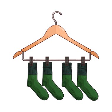 Kurutmak veya düzenlemek için sıklıkla kırpılmış ya da örtülmüş birkaç çorap askısına düzgünce asılmış. Çorapların renkleri, uzunluğu veya deseni değişebilir, çamaşırhaneye veya gardırop deposuna pratik ve düzenli bir yaklaşımı vurgular.