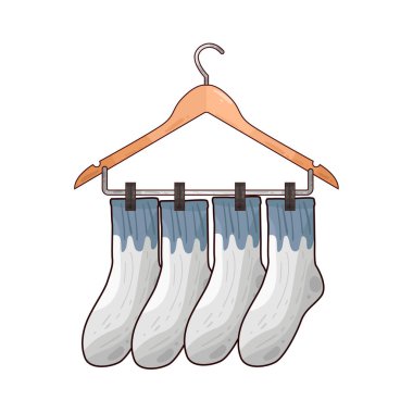 Kurutmak veya düzenlemek için sıklıkla kırpılmış ya da örtülmüş birkaç çorap askısına düzgünce asılmış. Çorapların renkleri, uzunluğu veya deseni değişebilir, çamaşırhaneye veya gardırop deposuna pratik ve düzenli bir yaklaşımı vurgular.