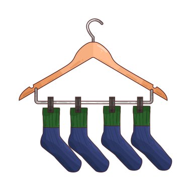 Kurutmak veya düzenlemek için sıklıkla kırpılmış ya da örtülmüş birkaç çorap askısına düzgünce asılmış. Çorapların renkleri, uzunluğu veya deseni değişebilir, çamaşırhaneye veya gardırop deposuna pratik ve düzenli bir yaklaşımı vurgular.