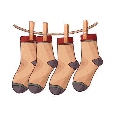 İpte asılı birkaç çift çorap, genellikle mandallarla tutturulmuş, bu da kurutma ya da çamaşır sahnesini akla getiriyor. Çoraplar nazikçe sallanıyor, ev hayatını, temizliği ve sürdürülebilirliği çağrıştırıyor.. 