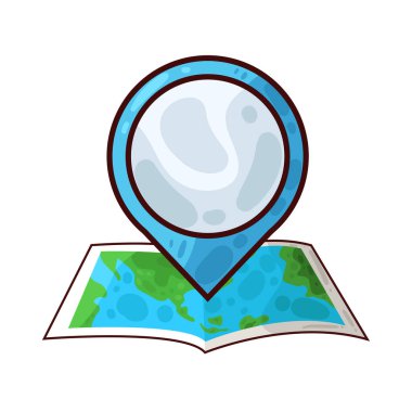 Belirli bir hedef ya da noktayı sembolize eden, üzerinde belirgin bir lokasyon iğnesi olan bir harita. Haritada yollar, yer işaretleri veya arazi ayrıntıları gösterilirken, pim navigasyon, seyahat planlaması veya izleme için bir işaret olarak göze çarpıyor. 