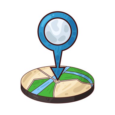 Belirli bir hedef ya da noktayı sembolize eden, üzerinde belirgin bir lokasyon iğnesi olan bir harita. Haritada yollar, yer işaretleri veya arazi ayrıntıları gösterilirken, pim navigasyon, seyahat planlaması veya izleme için bir işaret olarak göze çarpıyor.