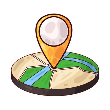 Belirli bir hedef ya da noktayı sembolize eden, üzerinde belirgin bir lokasyon iğnesi olan bir harita. Haritada yollar, yer işaretleri veya arazi ayrıntıları gösterilirken, pim navigasyon, seyahat planlaması veya izleme için bir işaret olarak göze çarpıyor.