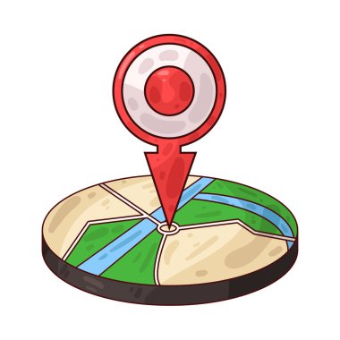 Belirli bir hedef ya da noktayı sembolize eden, üzerinde belirgin bir lokasyon iğnesi olan bir harita. Haritada yollar, yer işaretleri veya arazi ayrıntıları gösterilirken, pim navigasyon, seyahat planlaması veya izleme için bir işaret olarak göze çarpıyor.